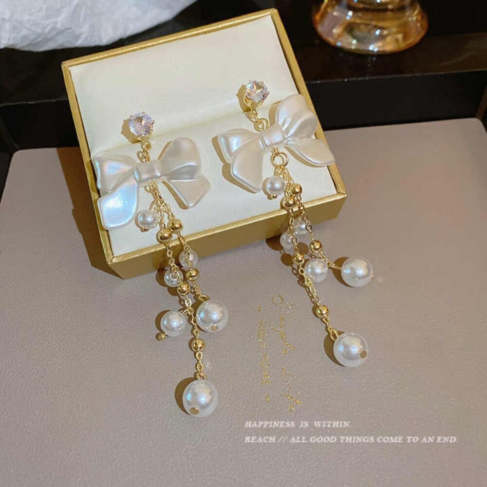 Cute Butterfly Bow Knot Design Tassel Faux Pearl Dangle Drop Fashion Earrings 2"